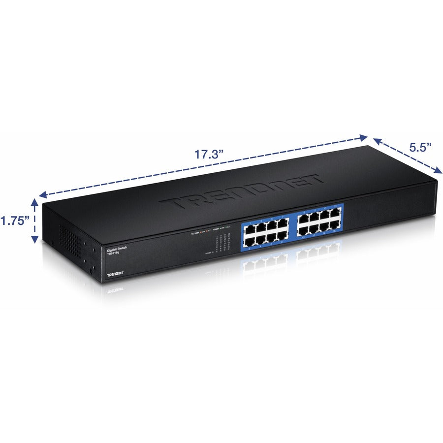 TRENDnet 16-Port Unmanaged Gigabit GREENnet Switch, 16 x RJ-45 Ports, 32Gbps Switching Capacity, Fanless, Rack Mountable, Network Ethernet Switch, Lifetime Protection, Black, TEG-S16G TEG-S16g