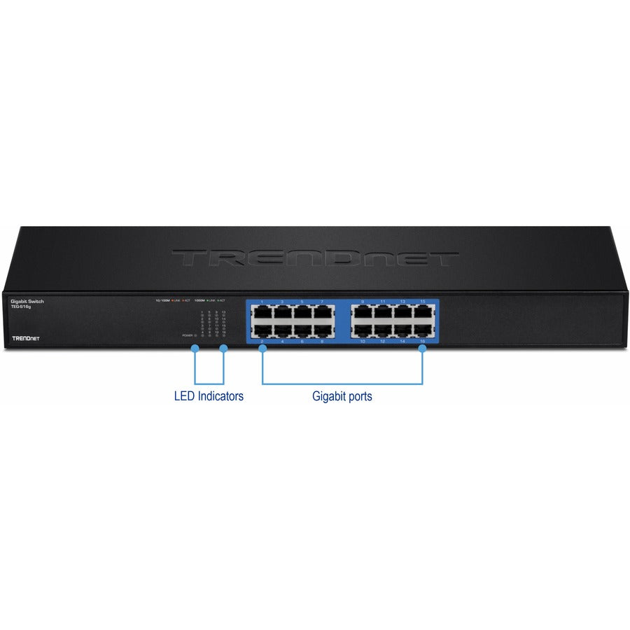 TRENDnet 16-Port Unmanaged Gigabit GREENnet Switch, 16 x RJ-45 Ports, 32Gbps Switching Capacity, Fanless, Rack Mountable, Network Ethernet Switch, Lifetime Protection, Black, TEG-S16G TEG-S16g