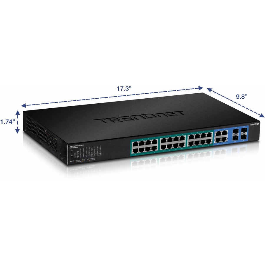 TRENDnet 28-Port Web Smart PoE+ Switch; 24 x Gigabit PoE+ Ports; 4 x Shared Gigabit Ports (RJ-45 or SFP); VLAN; QoS; LACP; IPv6 Support; 370W PoE Power Budget; Lifetime Protection; TPE-5028WS TPE-5028WS