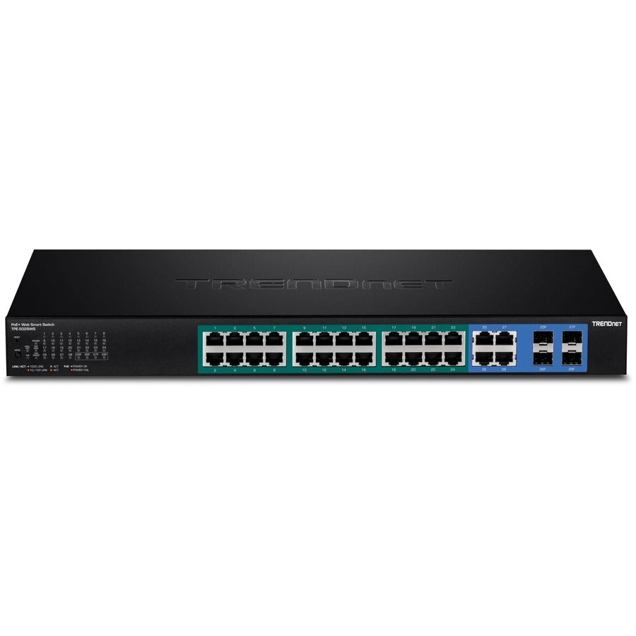 TRENDnet 28-Port Web Smart PoE+ Switch; 24 x Gigabit PoE+ Ports; 4 x Shared Gigabit Ports (RJ-45 or SFP); VLAN; QoS; LACP; IPv6 Support; 370W PoE Power Budget; Lifetime Protection; TPE-5028WS TPE-5028WS