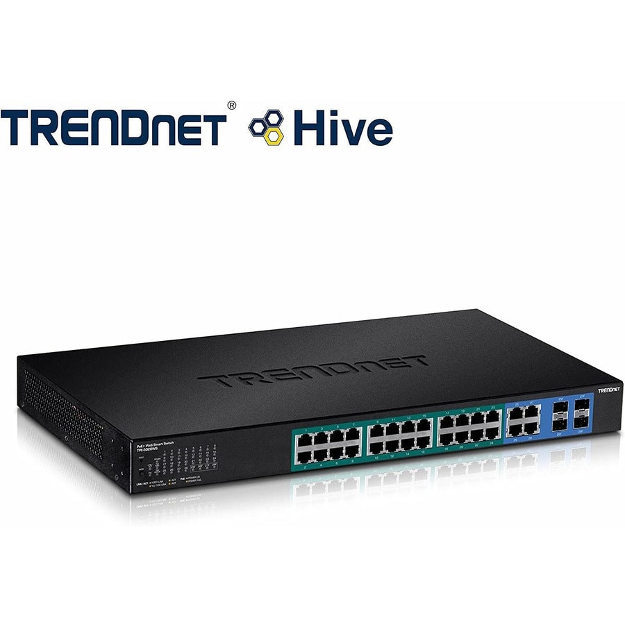 TRENDnet 28-Port Web Smart PoE+ Switch; 24 x Gigabit PoE+ Ports; 4 x Shared Gigabit Ports (RJ-45 or SFP); VLAN; QoS; LACP; IPv6 Support; 370W PoE Power Budget; Lifetime Protection; TPE-5028WS TPE-5028WS