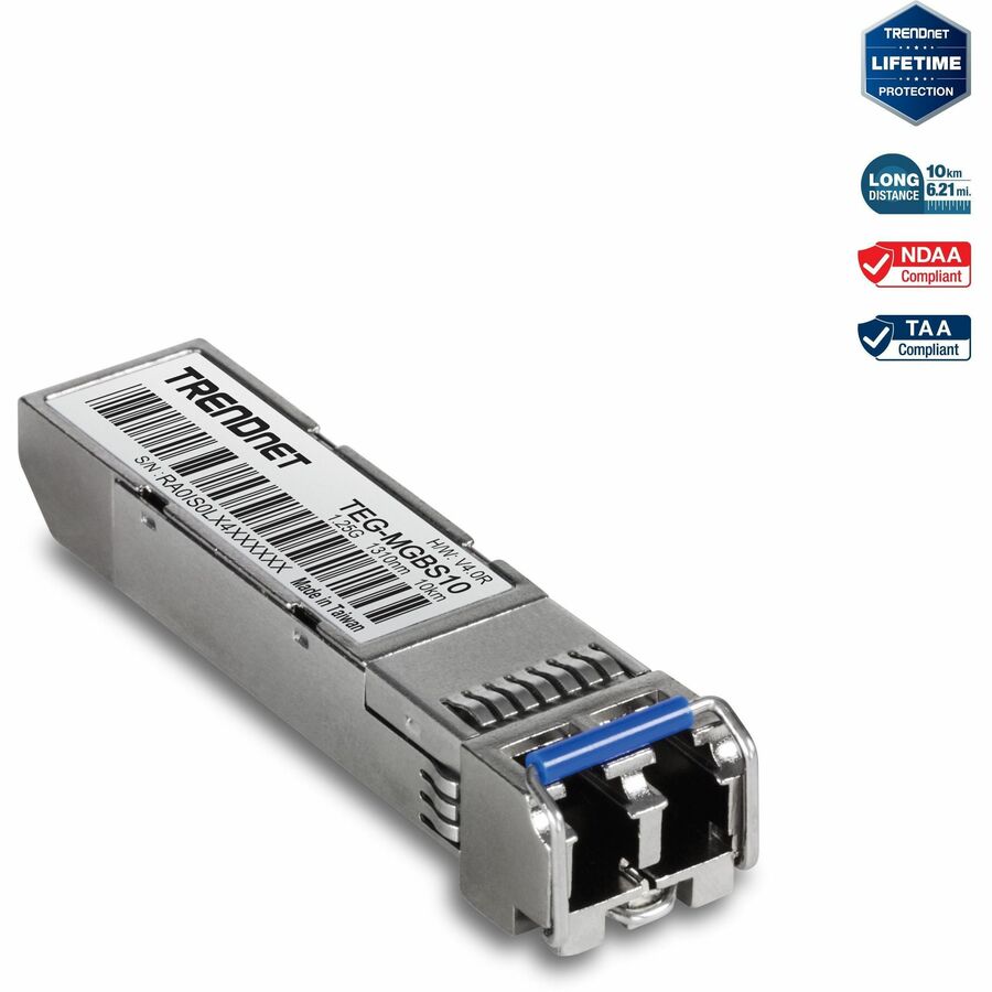 Module LC monomode TRENDnet SFP vers RJ45 Mini-GBIC ; TEG-MGBS10 ; Pour fibre monomode ; Distances jusqu'à 10 km (6,2 miles) ; Module SFP Gigabit ; Ethernet Gigabit IEEE 802.3z ; Protection à vie TEG-MGBS10