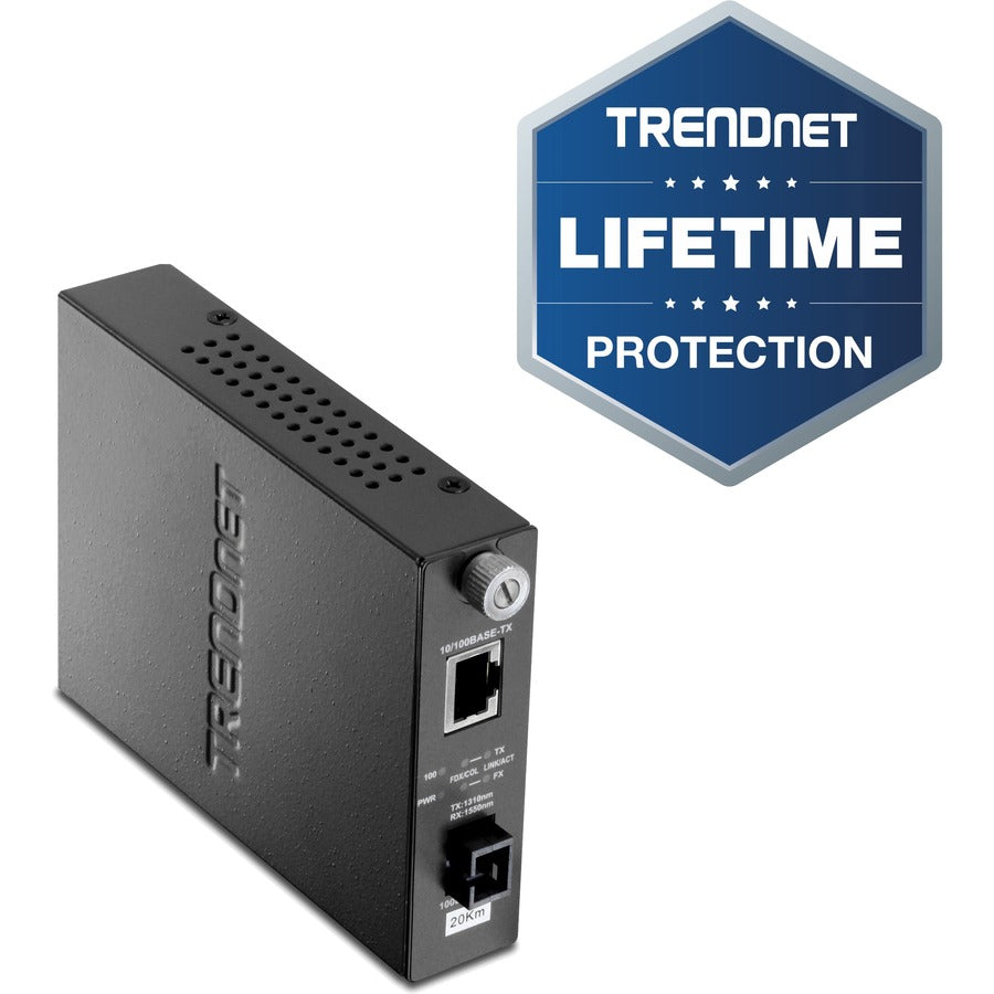 TRENDnet Intelligent 100Base-TX vers 100Base-FX Convertisseur de média fibre SC monomode double longueur d'onde (20 km / 12,4 miles) ; port RJ-45 ; Convertisseur fibre vers Ethernet ; Protection à vie ; TFC-110S20D3i TFC-110S20D3i