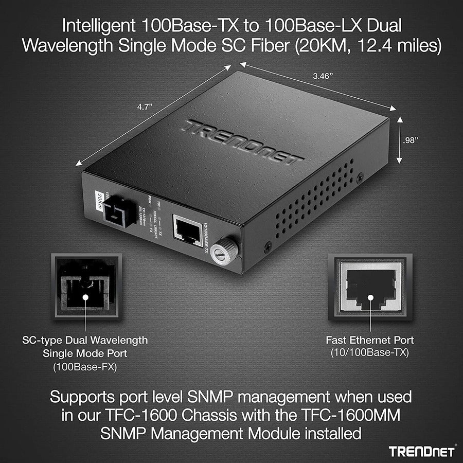 TRENDnet Intelligent 100Base-TX vers 100Base-FX Convertisseur de média fibre SC monomode double longueur d'onde (20 km / 12,4 miles) ; port RJ-45 ; Convertisseur fibre vers Ethernet ; Protection à vie ; TFC-110S20D3i TFC-110S20D3i