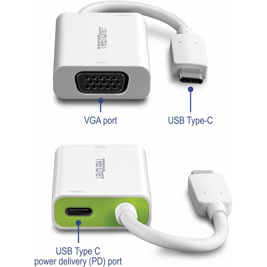 TRENDnet USB-C to VGA Adapter with Power Delivery, High Speed USB-C Connection, USB-C Power Delivery Compliant, CHROME, WINDOWS 10, MAC, TUC-VGA2 TUC-VGA2