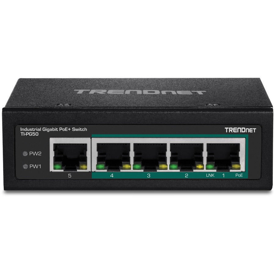 Commutateur Gigabit industriel non géré renforcé à 5 ports TRENDnet ; TI-PG50 ; 10/100/1000Mbps ; commutateur sur rail DIN ; 4 ports Gigabit PoE+ ; 1 port Gigabit ; Commutateur réseau Gigabit Ethernet ; Protection à vie TI-PG50