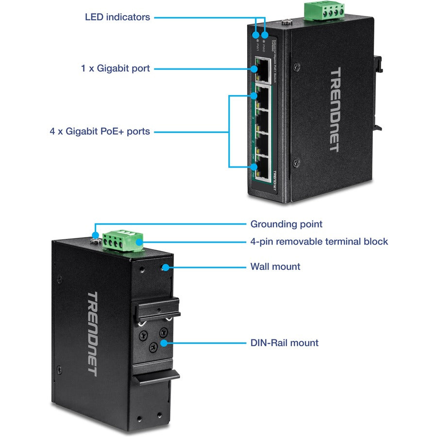 Commutateur Gigabit industriel non géré renforcé à 5 ports TRENDnet ; TI-PG50 ; 10/100/1000Mbps ; commutateur sur rail DIN ; 4 ports Gigabit PoE+ ; 1 port Gigabit ; Commutateur réseau Gigabit Ethernet ; Protection à vie TI-PG50