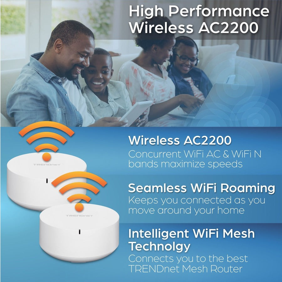 TRENDnet AC2200 WiFi Mesh Router System; TEW-830MDR2K;2 x AC2200 WiFi Mesh Routers; App-Based Setup; Expanded Home WiFi(Up to 4;000 Sq Ft. Home); Content Filtering w/Router Limits;Supports 2.4Ghz/5GHz TEW-830MDR2K