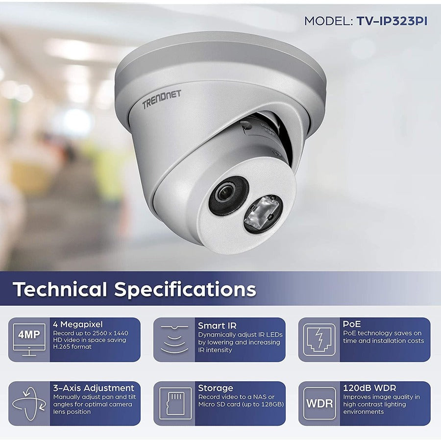 TRENDnet Indoor/Outdoor 4MP H.265 Wdr Poe Ir Fixed Turret Network Camera TV-IP323PI