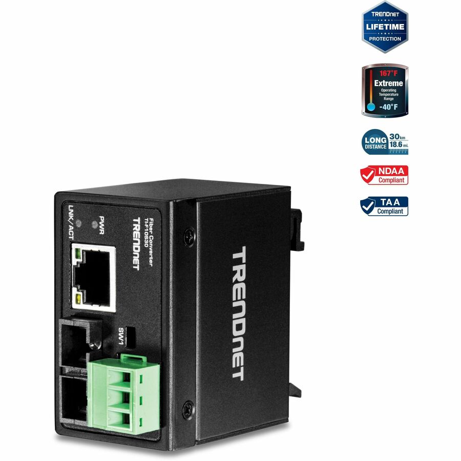 TRENDnet Hardened Industrial 100Base-FX Single-Mode SC Fiber Converter; (30 km; 18.6 Miles); IP40 Rated Housing; TI-F10S30 TI-F10S30