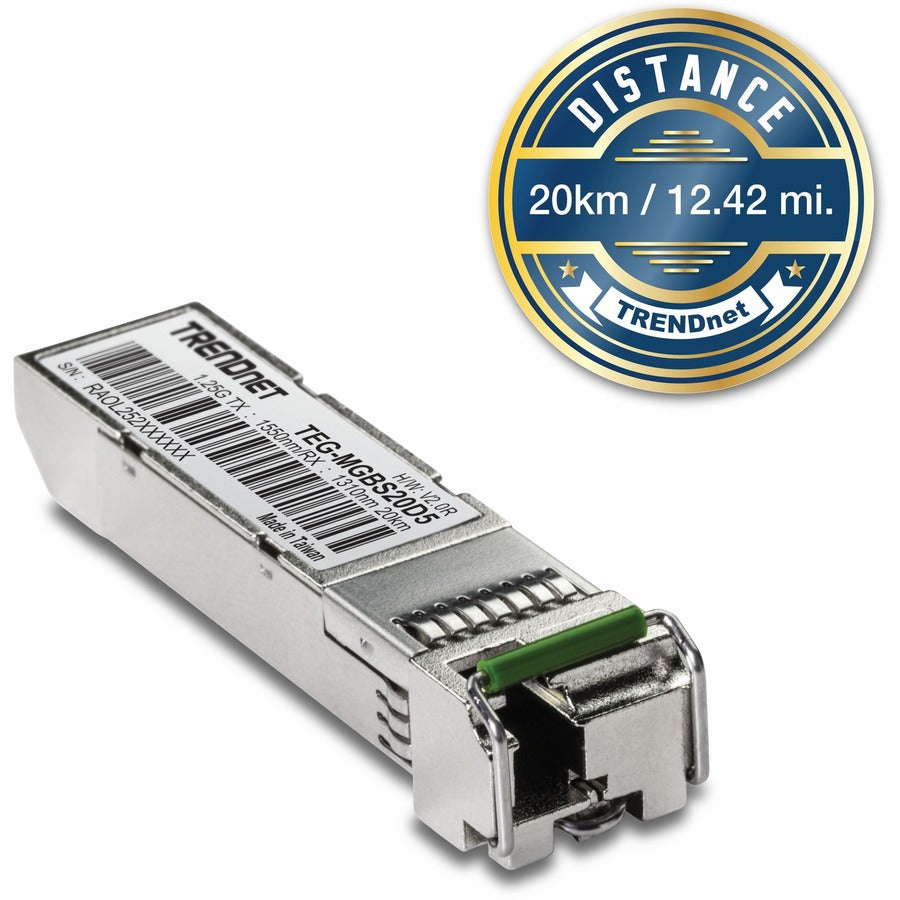 TRENDnet SFP vers module LC monomode double longueur d'onde RJ45 ; TEG-MGBS20D5 ; Doit s'associer avec TEG-MGBS20D3 ou un module compatible ; Jusqu'à 20 km (12,4 miles) ; SFP bidirectionnel (WDM) ; Protection à vie TEG-MGBS20D5