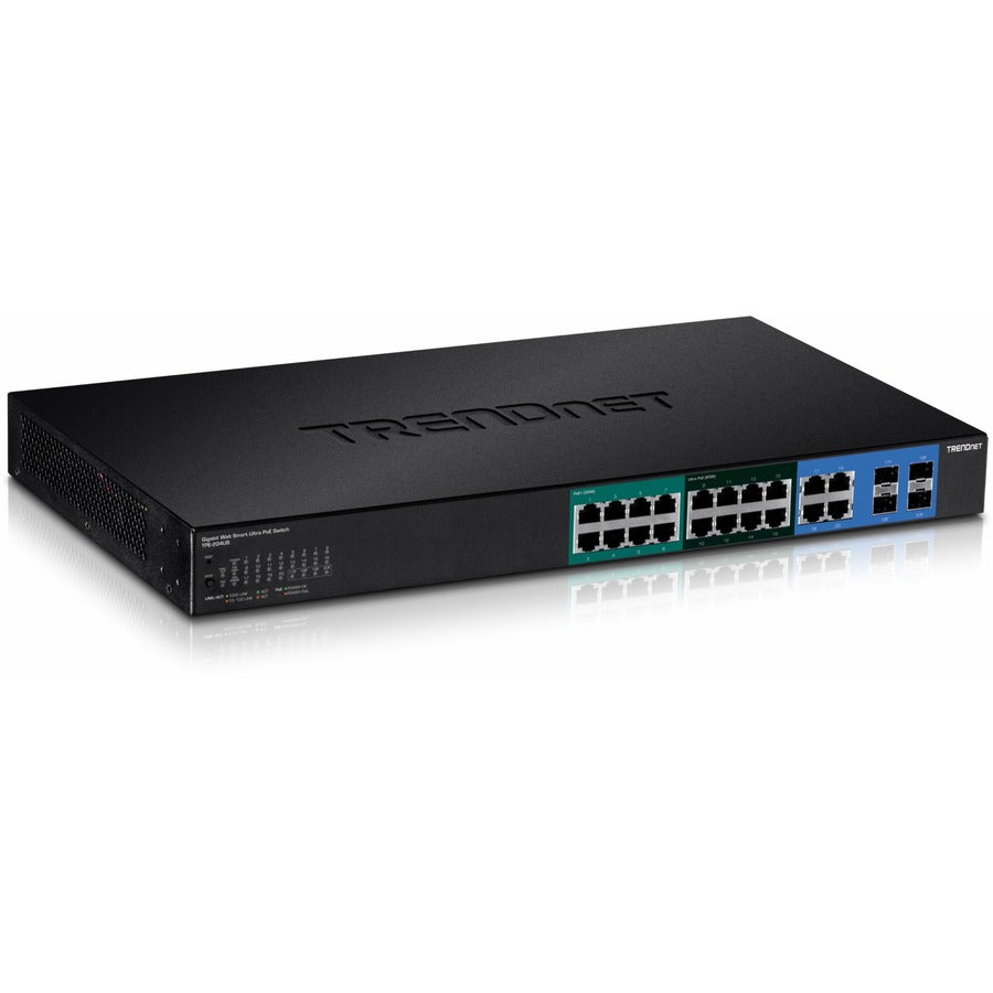 Commutateur Ultra PoE intelligent Web Gigabit à 20 ports TRENDnet avec 8 ports Gigabit UPoE ; 8 ports Gigabit PoE+ 4 ports Gigabit partagés (RJ-45 ou SFP) ; VLAN ; QoS ; Prise en charge IPv6 ; Budget d'alimentation PoE de 370 W ; TPE-204US TPE-204US