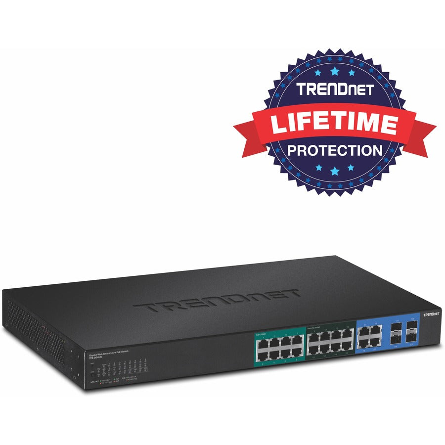 TRENDnet 20-Port Gigabit Web Smart Ultra PoE Switch with 8 x Gigabit UPoE Ports; 8 x Gigabit PoE+ Ports 4 Shared Gigabit Ports (RJ-45 or SFP); VLAN; QoS; IPv6 Support; 370W PoE Power Budget; TPE-204US TPE-204US