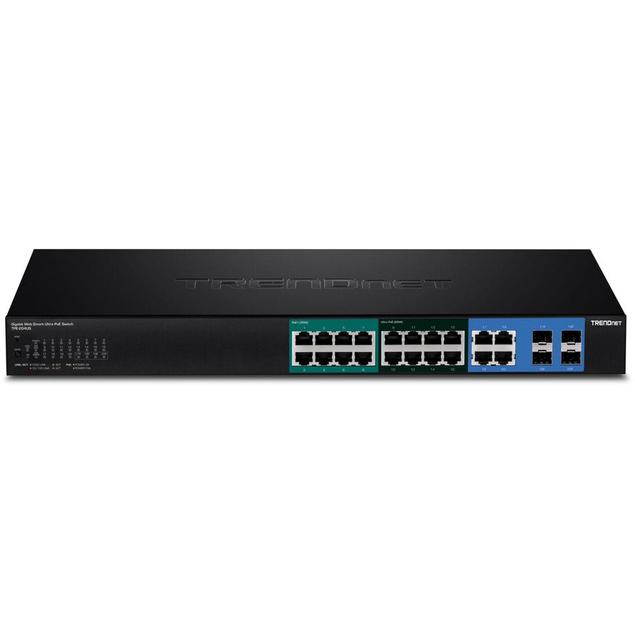 TRENDnet 20-Port Gigabit Web Smart Ultra PoE Switch with 8 x Gigabit UPoE Ports; 8 x Gigabit PoE+ Ports 4 Shared Gigabit Ports (RJ-45 or SFP); VLAN; QoS; IPv6 Support; 370W PoE Power Budget; TPE-204US TPE-204US