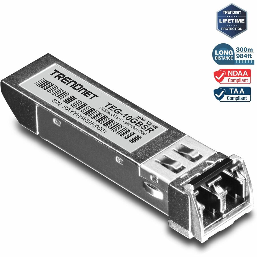 TRENDnet SFP to RJ45 10GBASE-SR SFP+ Multi Mode LC Module; TEG-10GBSR; Up to 550 m (1;804 Ft.); Hot Pluggable SFP+ Transceiver; 850nm Wavelength; Duplex LC Connector; DDM Support; Lifetime Protection TEG-10GBSR