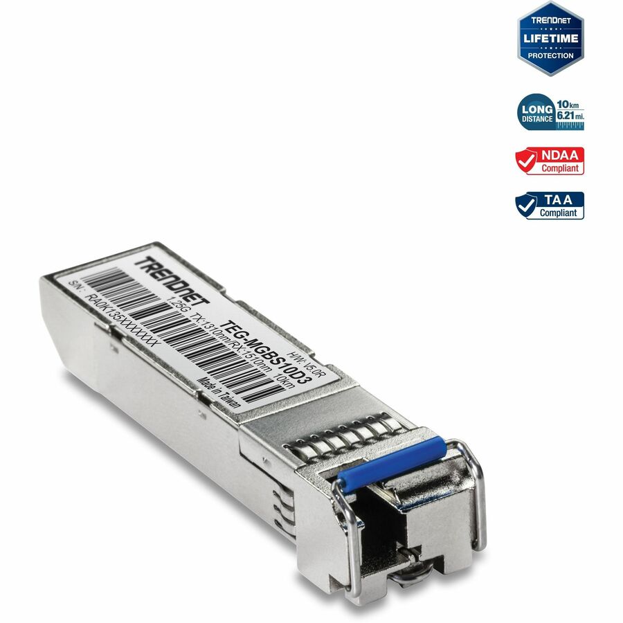 TRENDnet SFP to RJ45 Dual Wavelength Single-Mode LC Module; TEG-MGBS10D3; Must Pair with TEG-MGBS10D5 or a Compatible Module; Up to 10 km (6.2 Miles); Compatible with Standard SFP; Lifetime Protection TEG-MGBS10D3