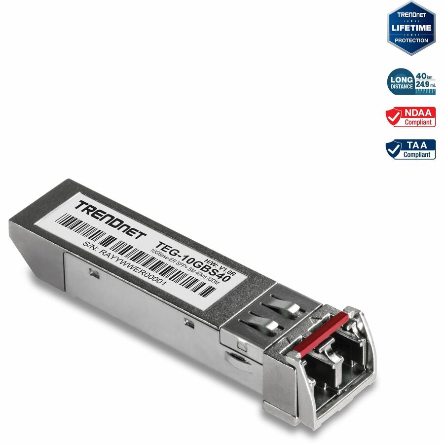 Module LC monomode TRENDnet SFP vers RJ45 10GBASE-ER SFP+ ; TEG-10GBS40 ; Jusqu'à 40 km (24,9 milles); Émetteur-récepteur SFP+ enfichable à chaud ; longueur d'onde de 1 550 nm ; Alimentation 3,3 V ; Protection à vie TEG-10GBS40