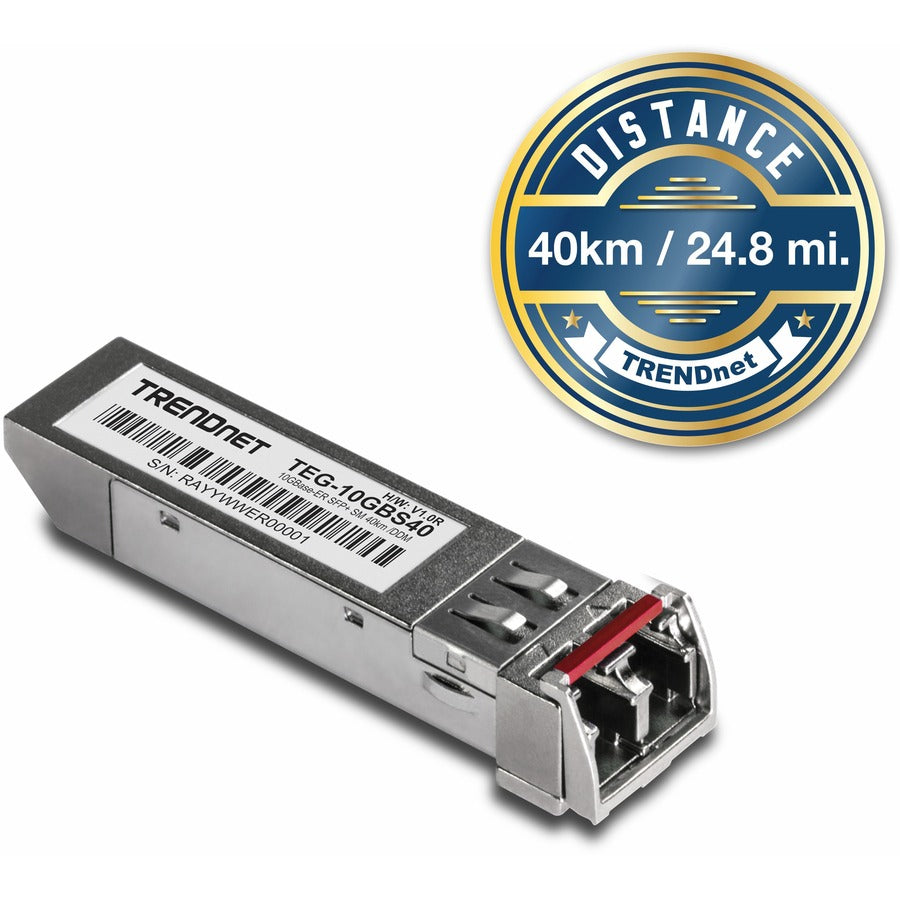 TRENDnet SFP to RJ45 10GBASE-ER SFP+ Single Mode LC Module; TEG-10GBS40; Up to 40 km (24.9 Miles); Hot Pluggable SFP+ Transceiver; 1550nm Wavelength; 3.3 V Power Supply; Lifetime Protection TEG-10GBS40