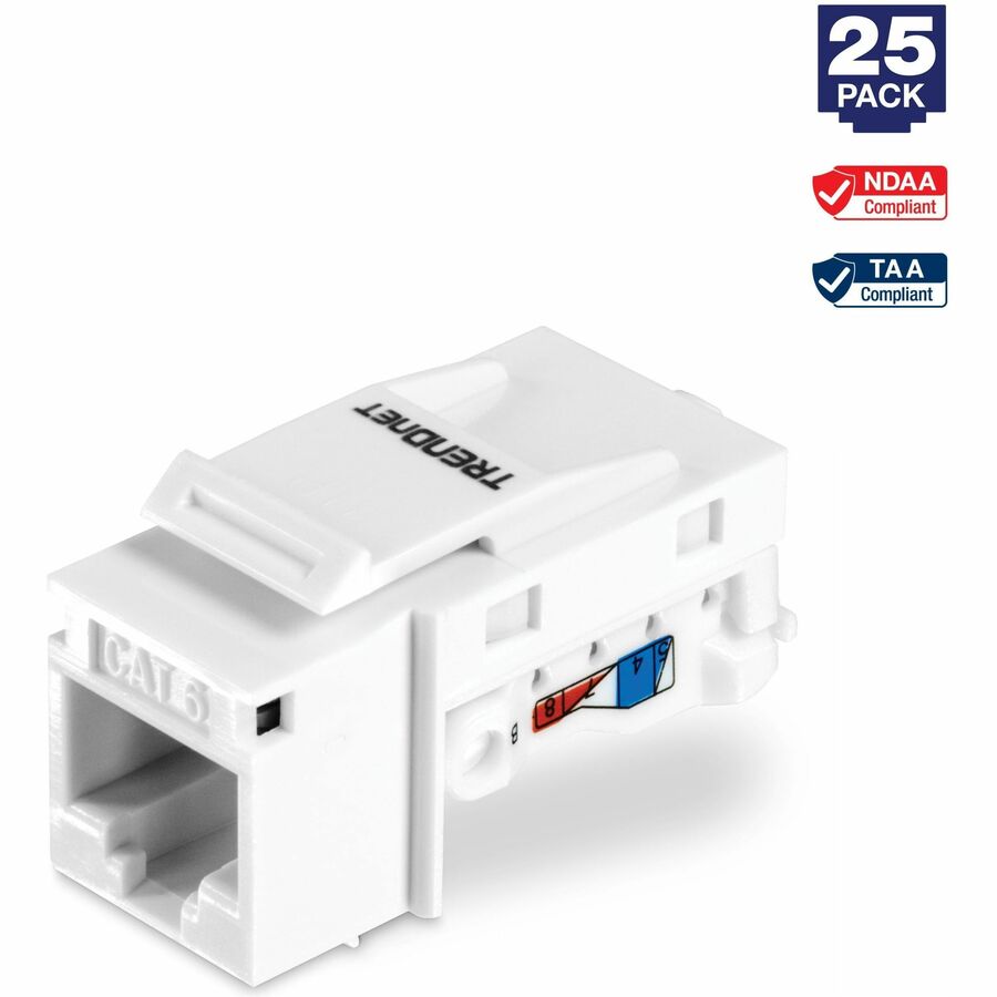 TRENDnet Cat6 Keystone Jack, 25-Pack Bundle, 90&deg; Angle Termination, Compatible With Cat5, Cat5e, Cat6 Cabling, Color-Coded Labeling, Gold-Plated Contacts, Tool-less Design, White, TC-K25C6 TC-K25C6