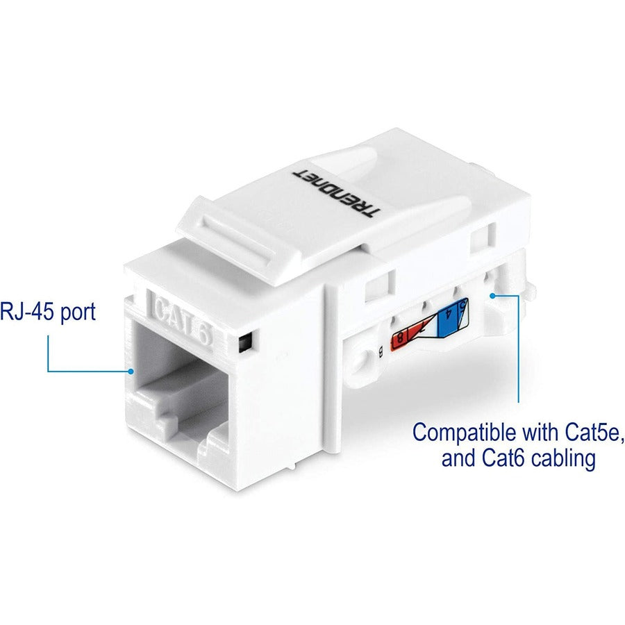 TRENDnet Cat6 Keystone Jack, 25-Pack Bundle, 90&deg; Angle Termination, Compatible With Cat5, Cat5e, Cat6 Cabling, Color-Coded Labeling, Gold-Plated Contacts, Tool-less Design, White, TC-K25C6 TC-K25C6