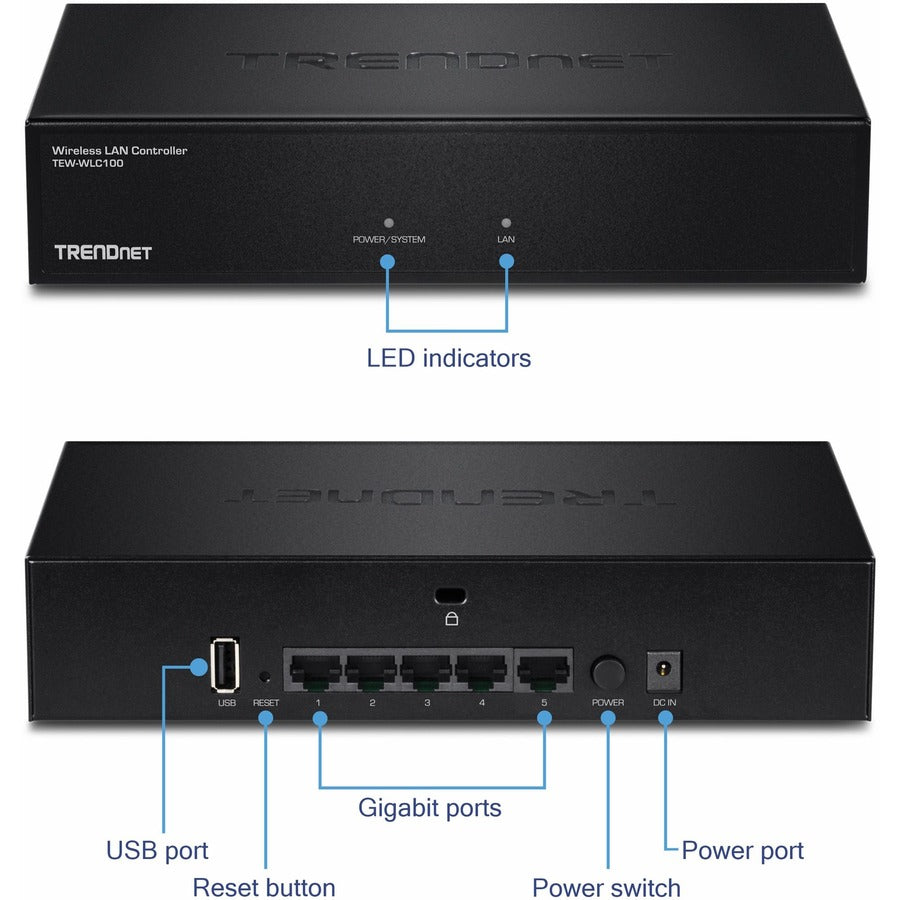 Contrôleur LAN sans fil TRENDnet ; Commutateur GB à 5 ports intégré ; Compatible avec : TEW-755AP/TEW-821DAP/TEW-825DAP ; Gestion des points d'accès ; TEW-WLC100 TEW-WLC100