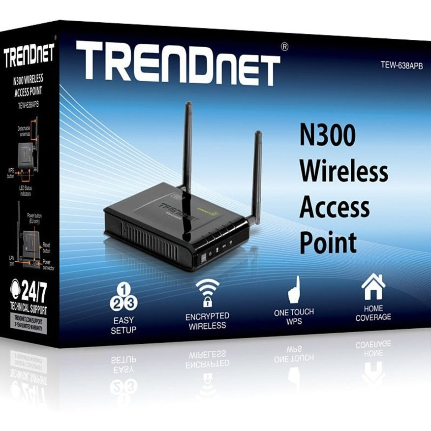 TRENDnet Wireless N300 2T2R Antennes détachables ; Point d'accès; 2,4 GHz 300 Mbit/s ; 802.11b/g/n ; AP/WDS/Client/Pont ; 2x2 dBi ; TEW-638APB TEW-638APB