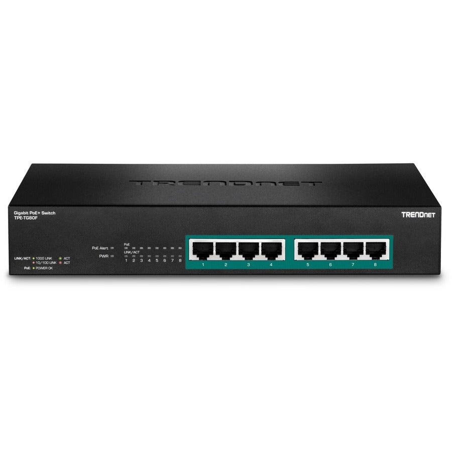 Commutateur Poe+ Gigabit pleine puissance à 8 ports TRENDnet ; 8 ports Gigabit PoE+ ; Budget de puissance de 240 W ; Capacité de commutation de 16 Gbit/s ; Montable en rack ; Commutateur réseau Ethernet ; Métal; Protection à vie ; TPE-TG80F TPE-TG80F