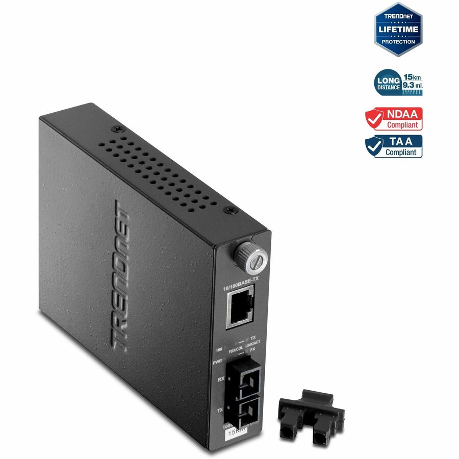 TRENDnet 100Base-TX to 100Base-FX Single Mode SC Fiber Media Converter (15 Km / 9.3 Miles);TFC-110S15; Auto-Negotiation; Auto-MDIX; Full-Duplex Mode; Fiber to Ethernet Converter; Lifetime Protection TFC-110S15