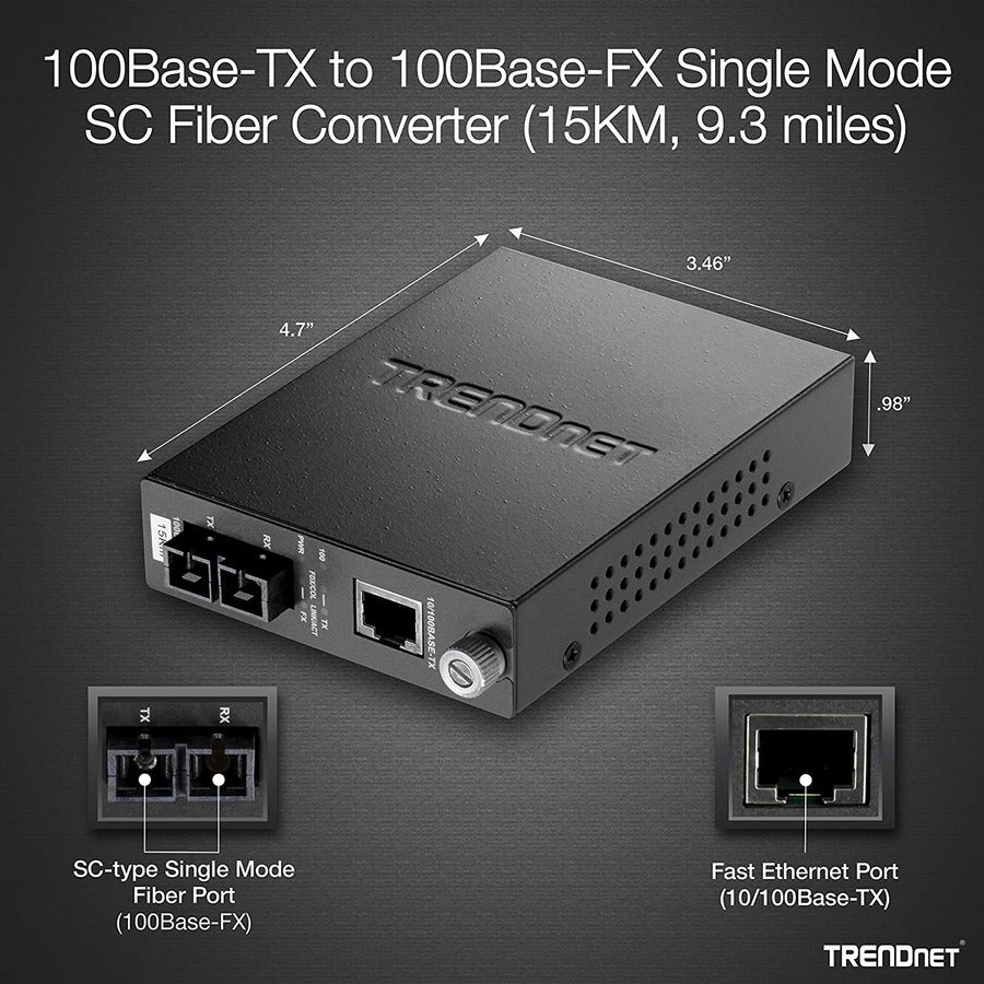 TRENDnet 100Base-TX to 100Base-FX Single Mode SC Fiber Media Converter (15 Km / 9.3 Miles);TFC-110S15; Auto-Negotiation; Auto-MDIX; Full-Duplex Mode; Fiber to Ethernet Converter; Lifetime Protection TFC-110S15