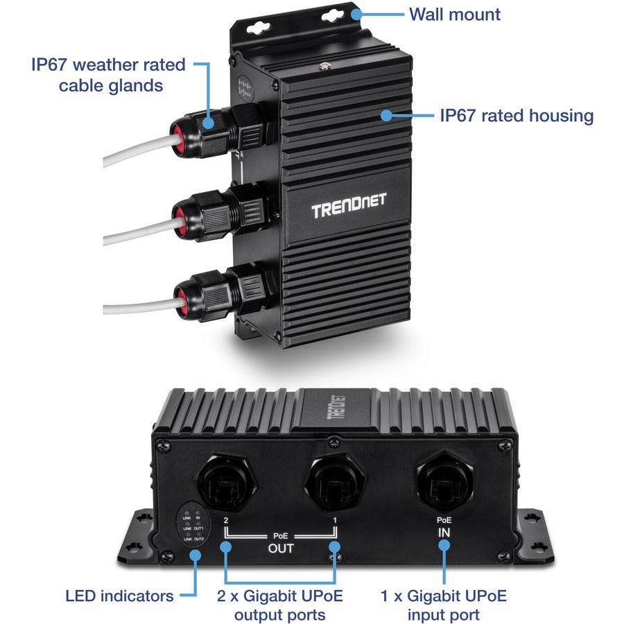 TRENDnet 2-Port Industrial Outdoor Gigabit UPoE Extender, Extends 100m- Total Distance Up to 200m (656'), Supports PoE (15.4W), PoE+(30W), UPoE(60W), IP67 Housing, TI-EU120 TI-EU120