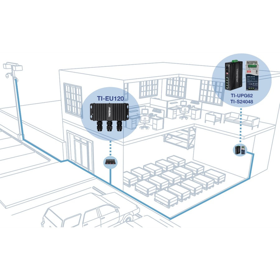 TRENDnet Extension Gigabit UPoE industrielle extérieure à 2 ports, étend 100 m - Distance totale jusqu'à 200 m (656'), prend en charge PoE (15,4 W), PoE+ (30 W), UPoE (60 W), boîtier IP67, TI-EU120 TI-EU120