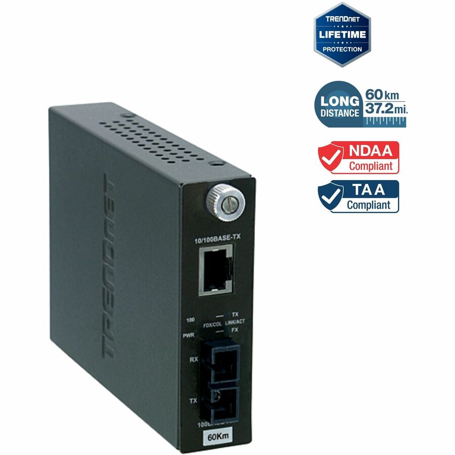 TRENDnet 100Base-TX to 100Base-FX Single Mode SC Fiber Media Converter (60 Km; 37.3 Miles); Auto-Negotiation; Full Duplex; RJ-45 port; Fiber to Ethernet Converter; Lifetime Protection; TFC-110S60 TFC-110S60