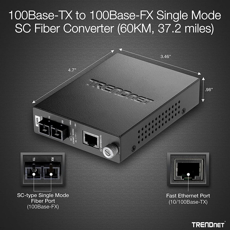 TRENDnet 100Base-TX to 100Base-FX Single Mode SC Fiber Media Converter (60 Km; 37.3 Miles); Auto-Negotiation; Full Duplex; RJ-45 port; Fiber to Ethernet Converter; Lifetime Protection; TFC-110S60 TFC-110S60