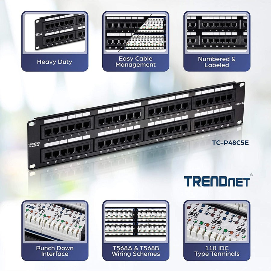 TRENDnet 48-Port Cat5-5e RJ-45 UTP Unshielded Patch Panel, Wallmount Or Rackmount, 100Mhz, Cat5e Krone Connectors, Color-Coded Labeling, Cat3,Cat5e,Cat4,Cat3 Compatible, 2U Rackmount, Black, TC-P48C5E TC-P48C5E