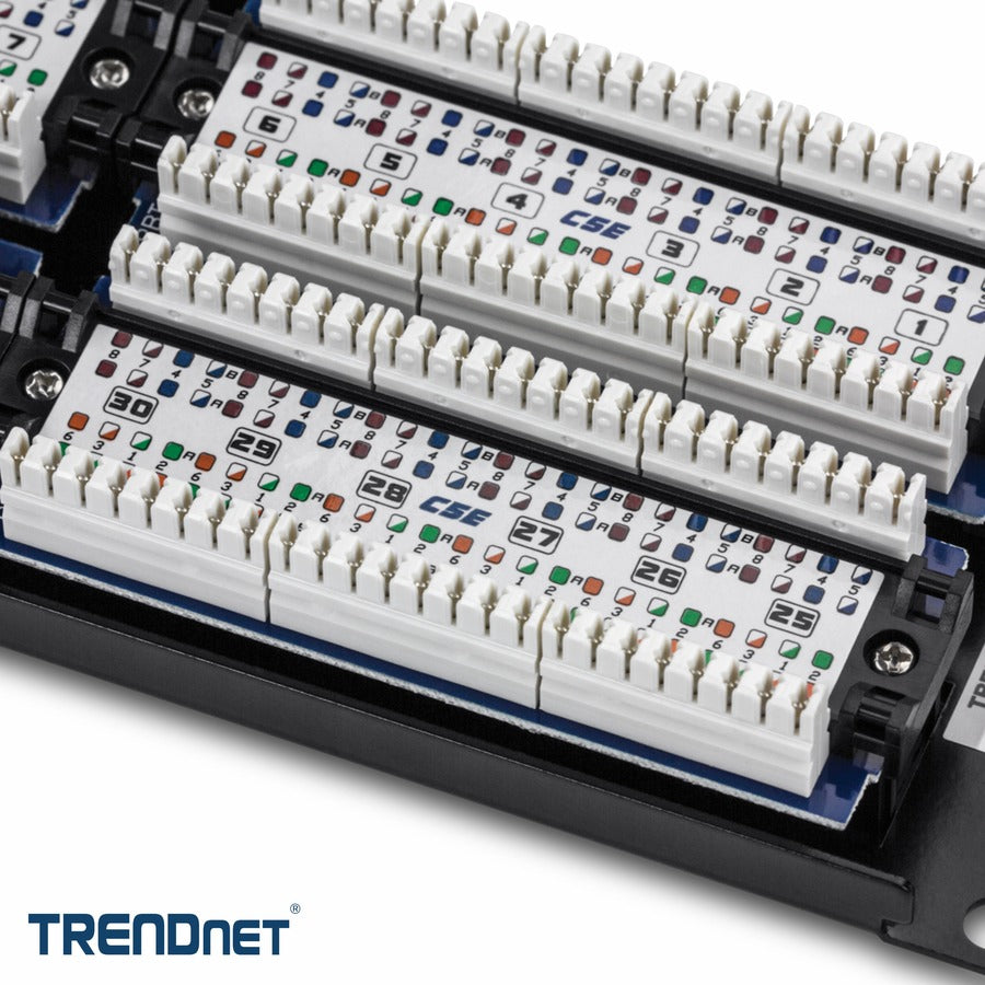 TRENDnet 48-Port Cat5-5e RJ-45 UTP Unshielded Patch Panel, Wallmount Or Rackmount, 100Mhz, Cat5e Krone Connectors, Color-Coded Labeling, Cat3,Cat5e,Cat4,Cat3 Compatible, 2U Rackmount, Black, TC-P48C5E TC-P48C5E