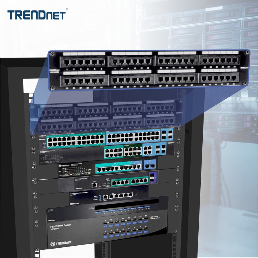 TRENDnet 48-Port Cat5-5e RJ-45 UTP Unshielded Patch Panel, Wallmount Or Rackmount, 100Mhz, Cat5e Krone Connectors, Color-Coded Labeling, Cat3,Cat5e,Cat4,Cat3 Compatible, 2U Rackmount, Black, TC-P48C5E TC-P48C5E