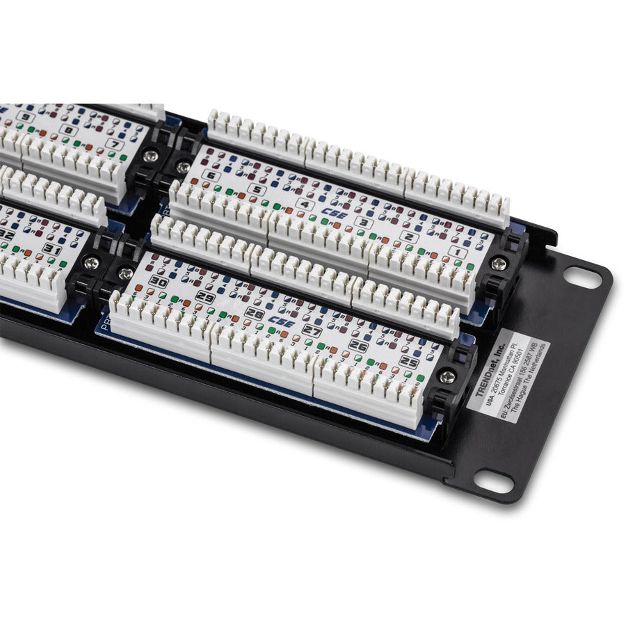 TRENDnet 48-Port Cat5-5e RJ-45 UTP Unshielded Patch Panel, Wallmount Or Rackmount, 100Mhz, Cat5e Krone Connectors, Color-Coded Labeling, Cat3,Cat5e,Cat4,Cat3 Compatible, 2U Rackmount, Black, TC-P48C5E TC-P48C5E