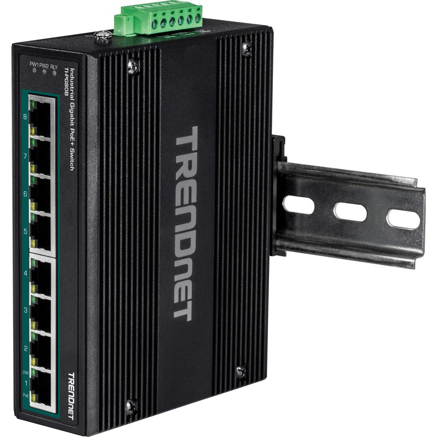 TRENDnet 8-Port Hardened Industrial Unmanaged Gigabit 10/100/1000Mbps DIN-Rail Switch w/ 8 x Gigabit PoE+ Ports; TI-PG80B; 24 ? 56V DC Power inputs with Overload Protection TI-PG80B