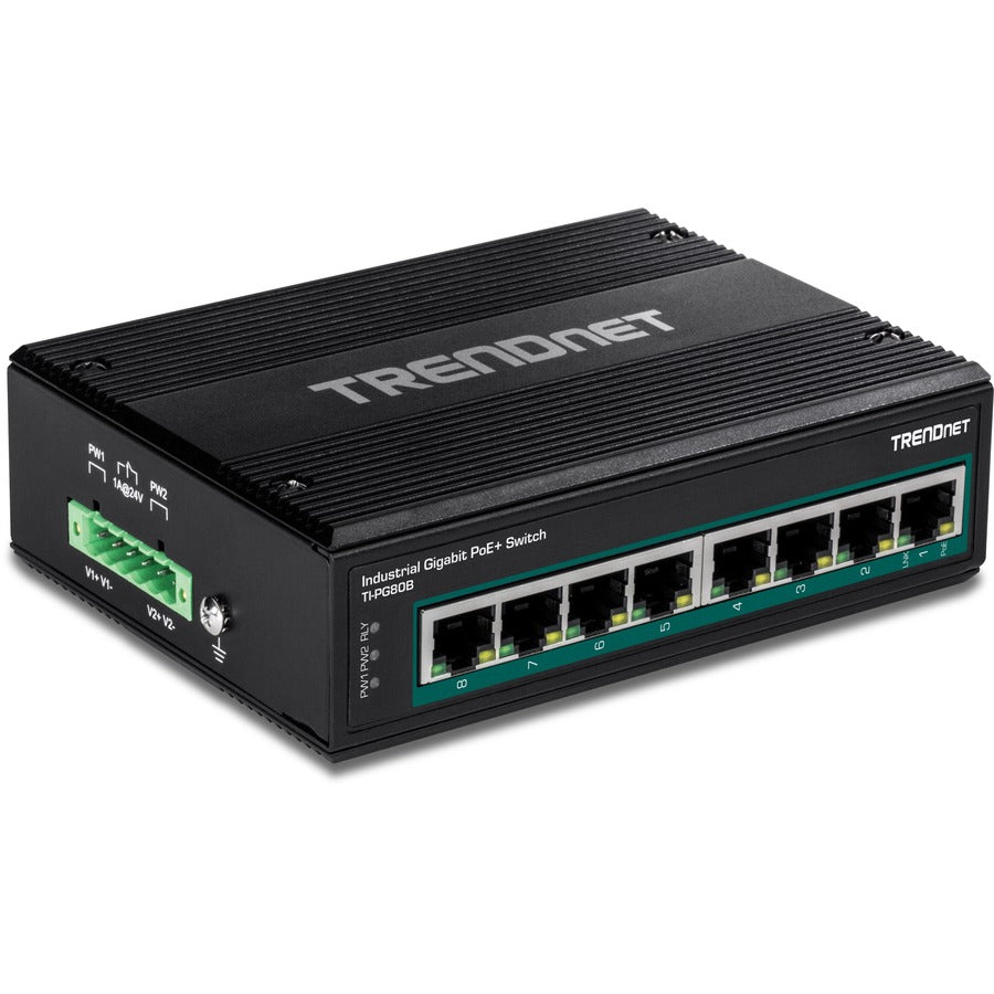 TRENDnet 8-Port Hardened Industrial Unmanaged Gigabit 10/100/1000Mbps DIN-Rail Switch w/ 8 x Gigabit PoE+ Ports; TI-PG80B; 24 ? 56V DC Power inputs with Overload Protection TI-PG80B