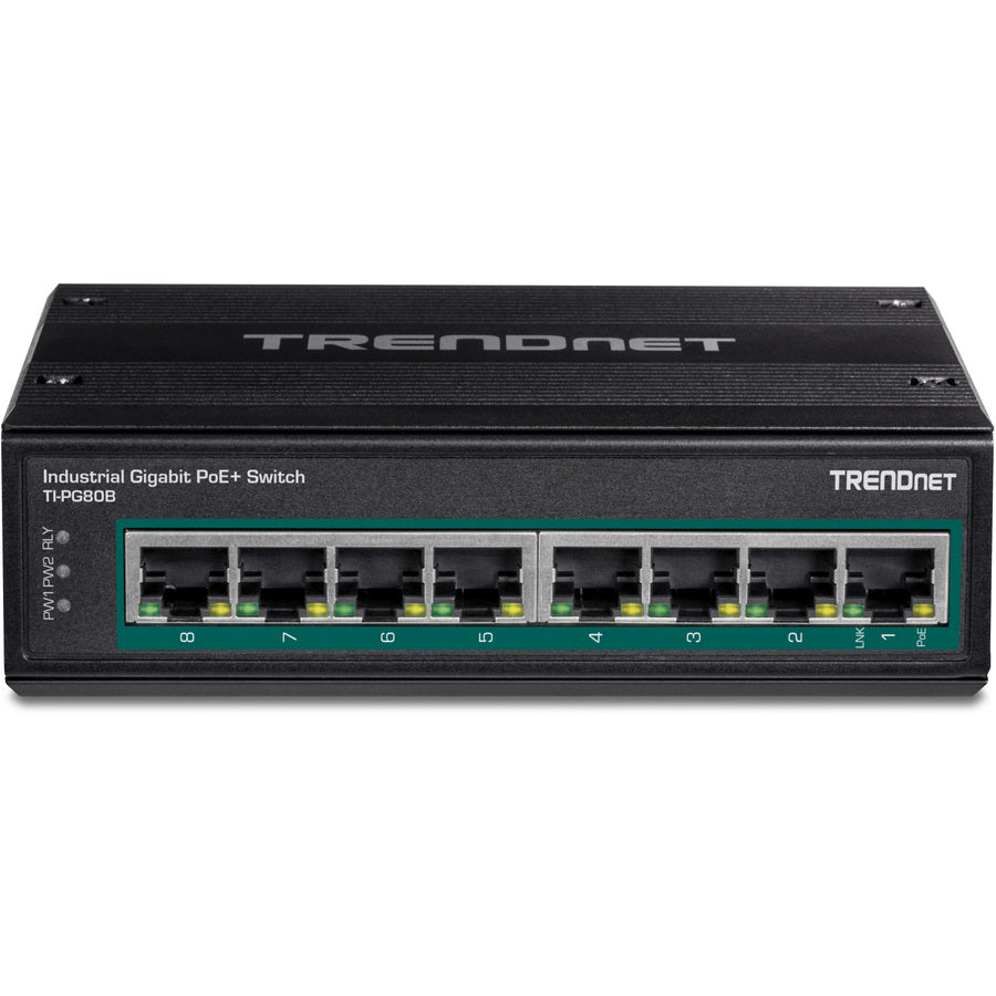 TRENDnet 8-Port Hardened Industrial Unmanaged Gigabit 10/100/1000Mbps DIN-Rail Switch w/ 8 x Gigabit PoE+ Ports; TI-PG80B; 24 ? 56V DC Power inputs with Overload Protection TI-PG80B