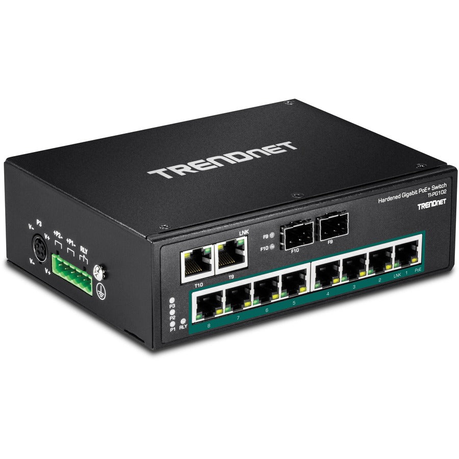 TRENDnet 10-Port Industrial Gigabit PoE+ DIN-Rail Switch, 8 x Gigabit PoE+ Ports, DIN-Rail Mount, 2 x SFP Slots, 240W PoE Power Budget, Network Switch, IP30, QoS, Lifetime Protection, Black, TI-PG102 TI-PG102