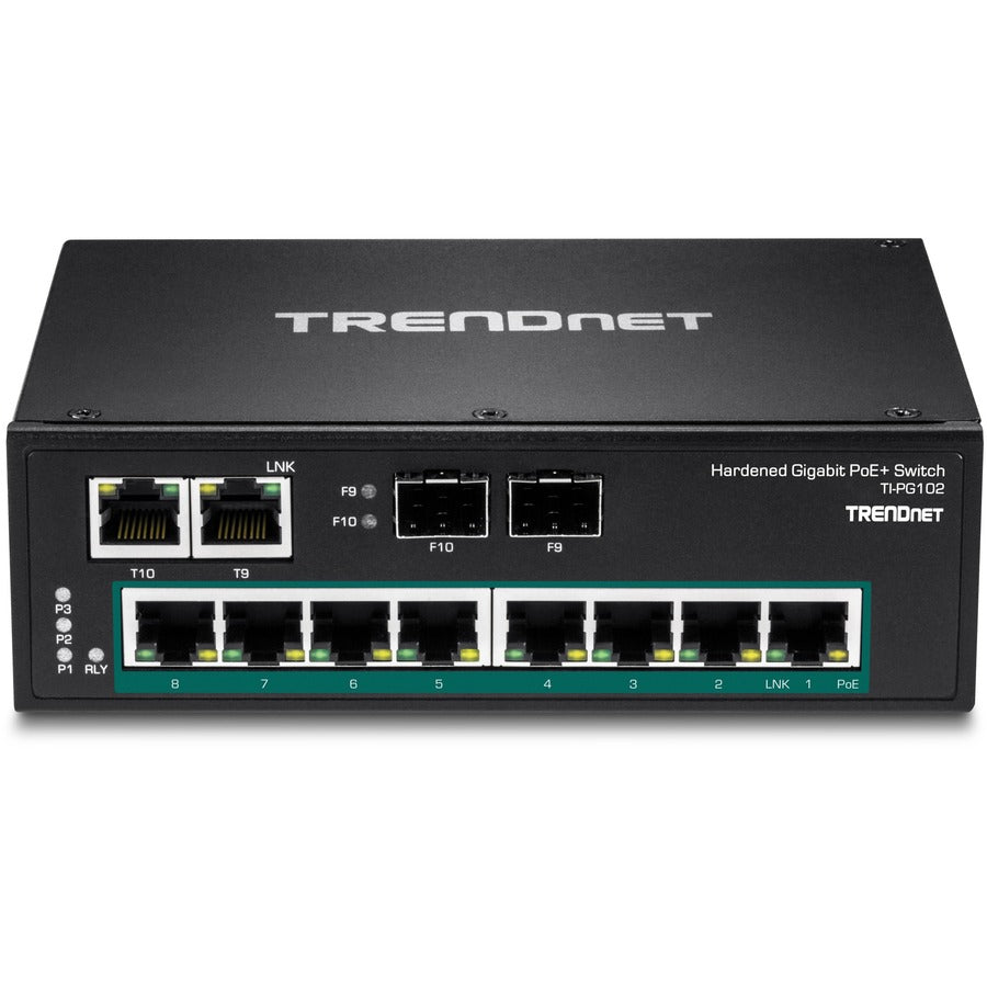 TRENDnet 10-Port Industrial Gigabit PoE+ DIN-Rail Switch, 8 x Gigabit PoE+ Ports, DIN-Rail Mount, 2 x SFP Slots, 240W PoE Power Budget, Network Switch, IP30, QoS, Lifetime Protection, Black, TI-PG102 TI-PG102