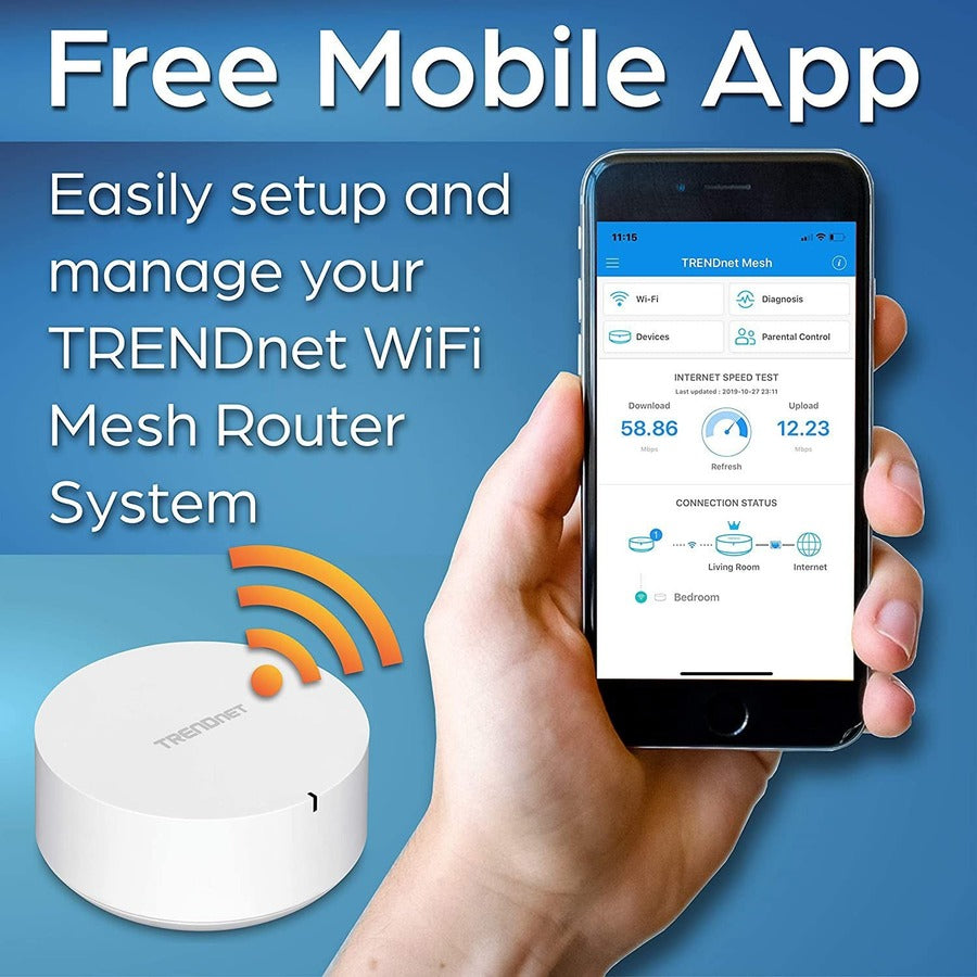 TRENDnet AC2200 WiFi Mesh Router;TEW-830MDR;1xAC2200 WiFi Mesh Router;App-Based Setup;Expanded Wireless Internet(Up to 2;000 Sq Ft.Home);Content Filtering w/Router Limits Software;Supports 2.4GHz/5GHz TEW-830MDR