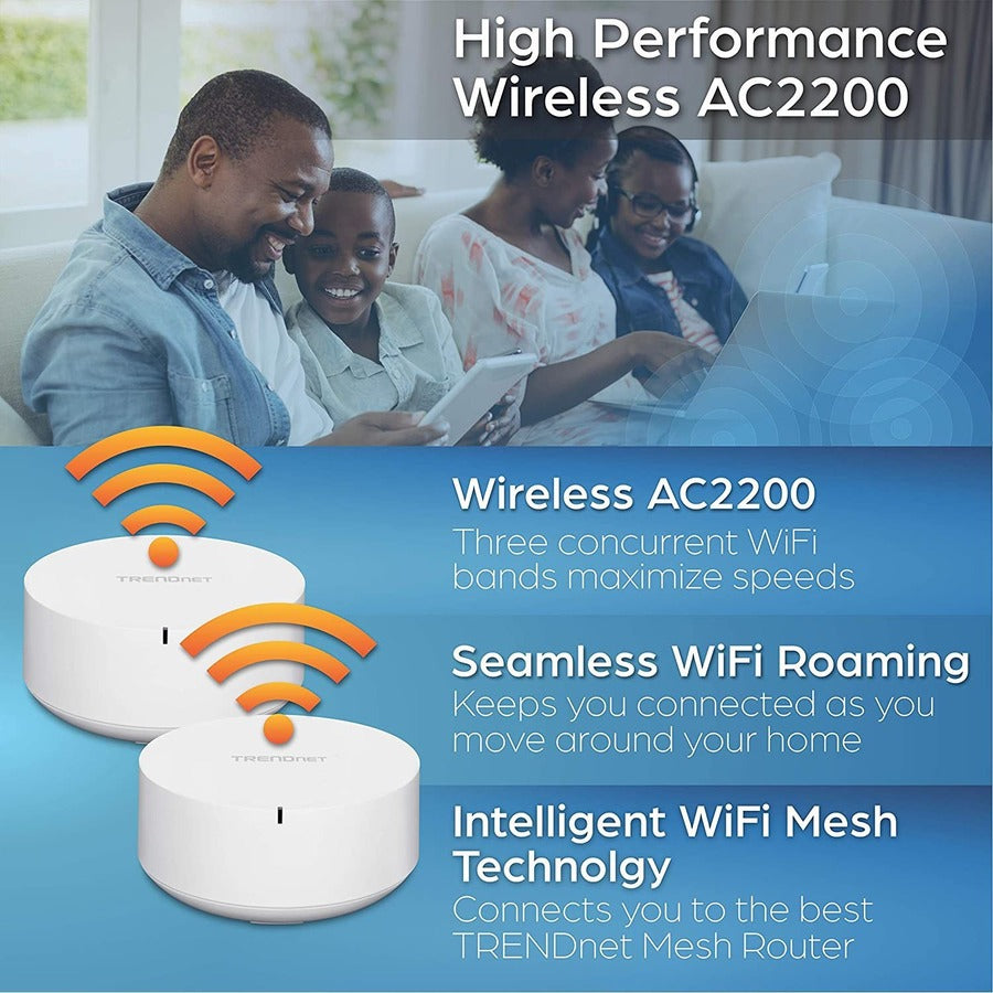 TRENDnet AC2200 WiFi Mesh Router;TEW-830MDR;1xAC2200 WiFi Mesh Router;App-Based Setup;Expanded Wireless Internet(Up to 2;000 Sq Ft.Home);Content Filtering w/Router Limits Software;Supports 2.4GHz/5GHz TEW-830MDR