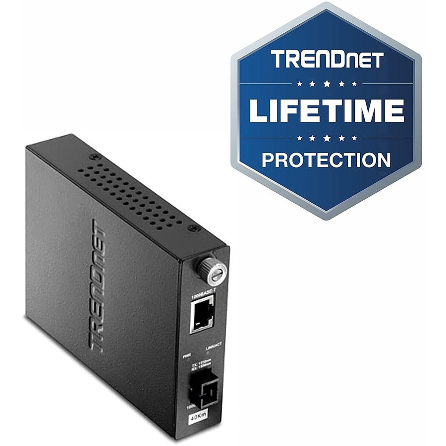 TRENDnet Intelligent Fiber Media Converter; 1000Base-T to 1000Base-LX Dual Wavelength Single Mode SC Fiber (40 km / 24.85 miles)Fiber to Ethernet Converter; RJ-45; Lifetime Protection; TFC-1000S40D3 TFC-1000S40D3