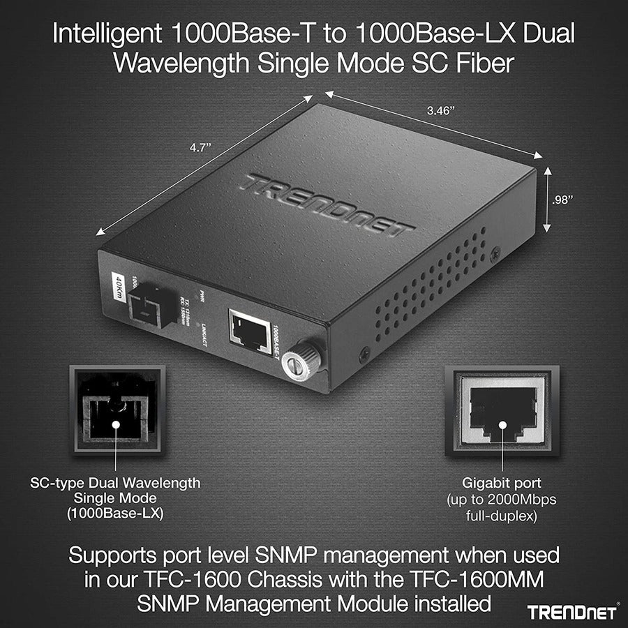 Convertisseur de média fibre intelligent TRENDnet ; Fibre SC monomode double longueur d'onde 1000Base-T à 1000Base-LX (40 km / 24,85 miles)Convertisseur fibre vers Ethernet ; RJ-45 ; Protection à vie ; TFC-1000S40D3 TFC-1000S40D3