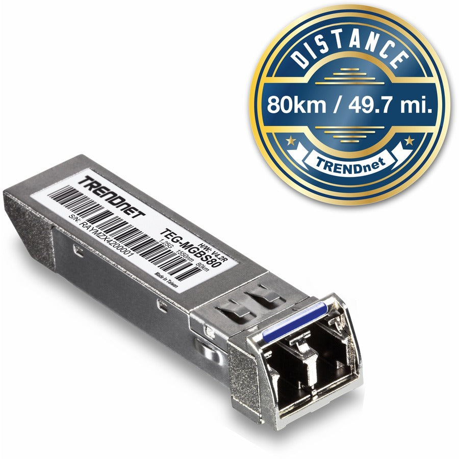 TRENDnet SFP to RJ45 Mini-GBIC Single-Mode LC Module; TEG-MGBS80; Mini-GBIC Module for Single Mode Fiber; LC Connector Type; Up to 80 Km (49.7 Miles); 1.25Gbps Gigabit Ethernet; Lifetime Protection TEG-MGBS80