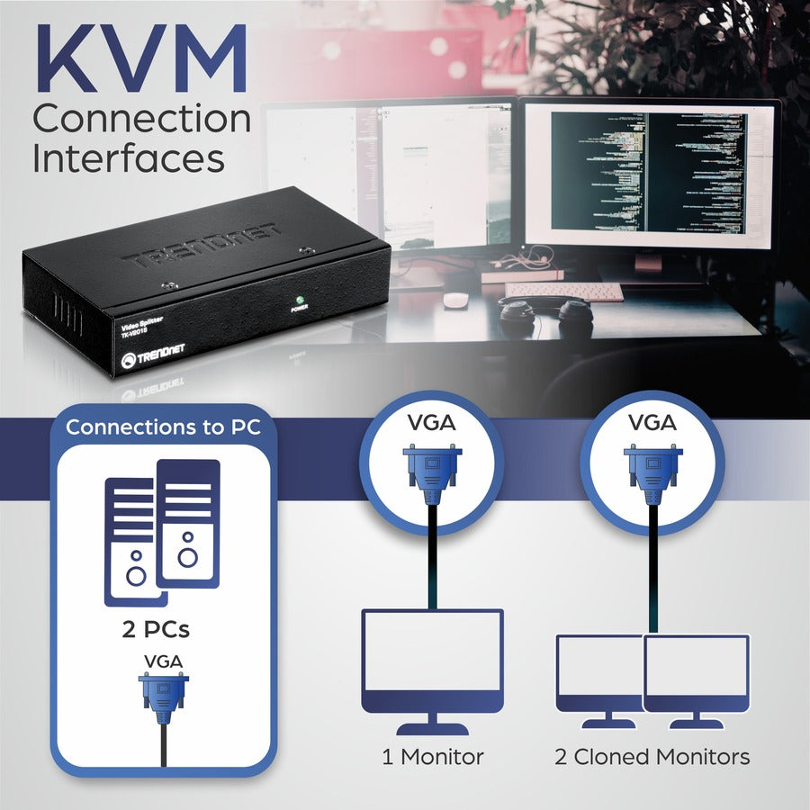 TRENDnet 2-Port Stackable Video Splitter, Video Resolution up to 1920 x 1440, Cascade up to 3 units, Support VGA, SVGA, Multisync Display, TK-V201S TK-V201S