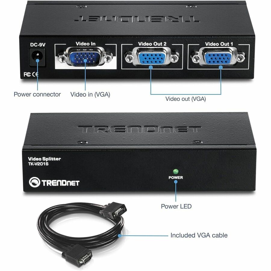 TRENDnet 2-Port Stackable Video Splitter, Video Resolution up to 1920 x 1440, Cascade up to 3 units, Support VGA, SVGA, Multisync Display, TK-V201S TK-V201S