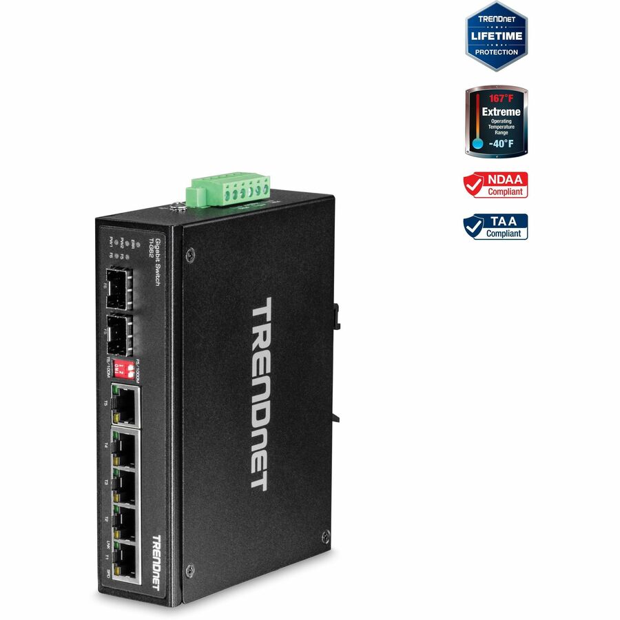 TRENDnet Commutateur Gigabit industriel renforcé sur rail DIN à 6 ports, capacité de commutation de 12 Gbit/s, boîtier métallique classé IP30 (-40 à 167 ?F), rail DIN et supports muraux inclus, protection à vie, noir, TI-G62 TI-G62